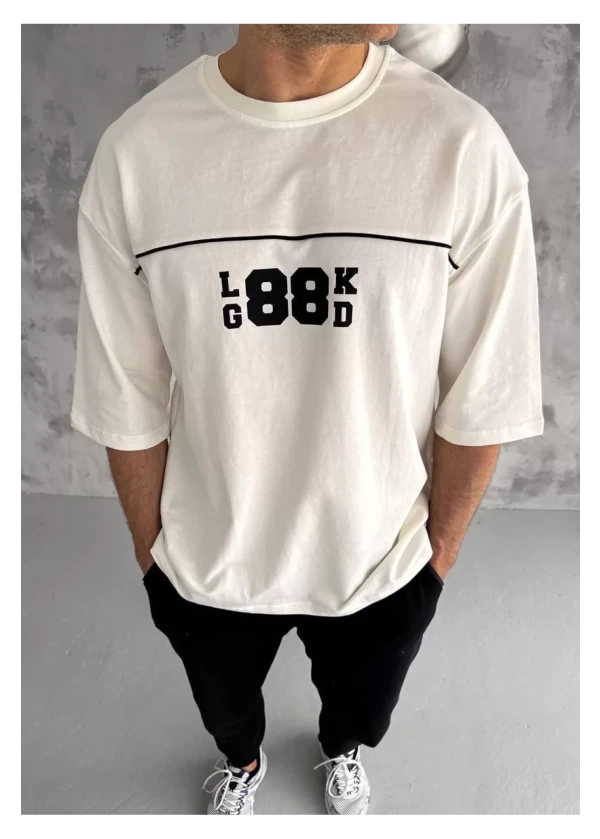 4'lü Bisiklet Yaka Baskılı Oversize T-Shirt - Beyaz